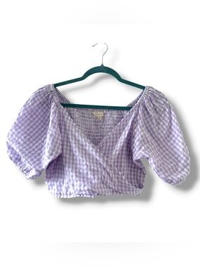 Sim & Sam Lilac Gingham Puff-Sleeve Crop Top Women’s Size Medium Cottage Garden